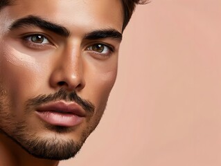 Obraz premium Handsome Colombian Man s Face in Skincare Advertising Banner on Dusty Rose Background