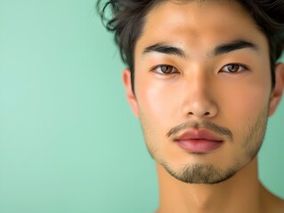 Fototapeta premium Handsome Japanese Man Face with Professional Makeup for Advertising Skincare Products on Mint Green