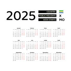 Gabon calendar 2025. Week starts from Monday. Vector graphic design. French language.