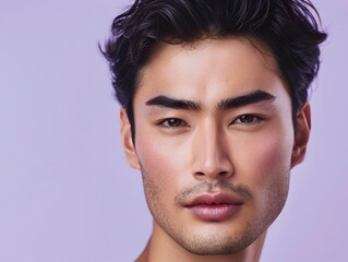Fototapeta premium Handsome Japanese Male Model Showcasing High end Decorative Skincare Products in Lavender