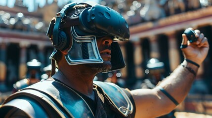 Gladiator wearing VR in the arena for fighting scene