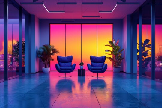 Vector artwork of a corporate office with a dedicated safe space for LGBTQ+ employees, promoting acceptance and inclusivity with clean, minimalistic lines and a vibrant color palette