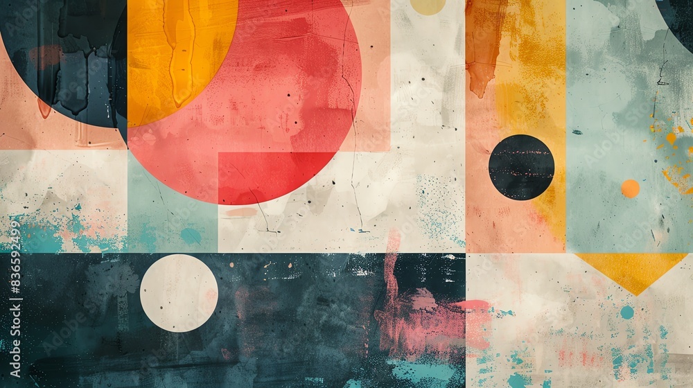Poster abstract artistic background with playful shapes and a pastel color scheme, giving a whimsical and m