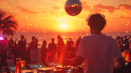 A man is playing music at a beach party