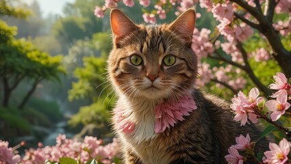 Cat In Pink Flowers