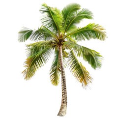 Fototapeta premium A single coconut palm tree isolated on white, symbolizing tropical vacations and serene beach getaways
