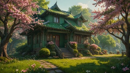 Charming Green House with Pink Blossoms in a Lush Garden