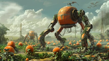 agricultural robot machinery harvesting on the farm under a clear sky	
