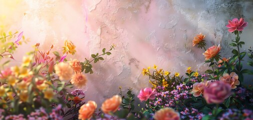 Beautiful garden with vibrant flowers blooming under soft sunlight, creating a dreamy and serene outdoor scenery.