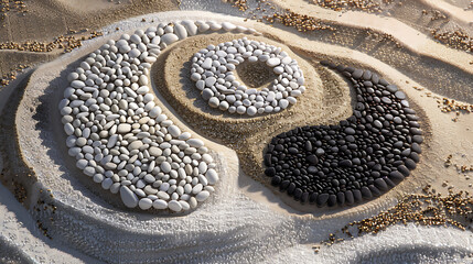 Zen Balance - Yin-Yang Pebble Art on Sandy Shore