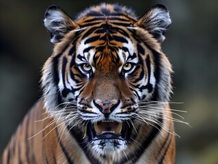 Naklejka premium Fierce and Intimidating Close Up Portrait of a Powerful Tiger Showcasing Its Formidable Strength