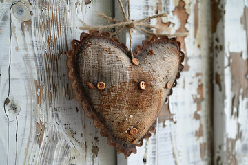 old cloth Handmade Heart Decoration on Textured Wooden Background
