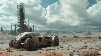 car on a deserted area background for sci-fi scene