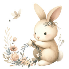 Obraz premium Bunny making floral wreath for Easter Day in beige watercolor clipart on transparent background 