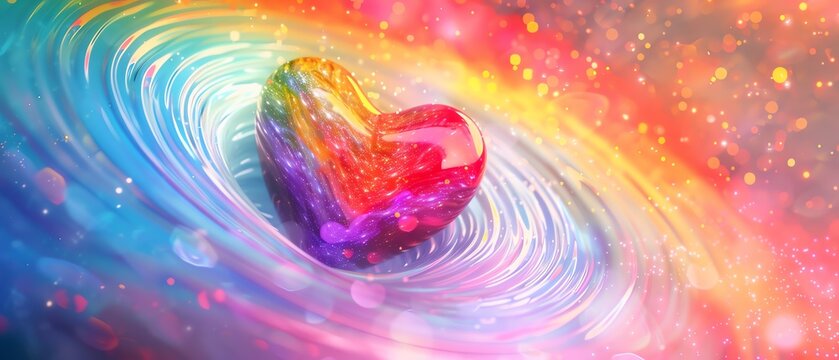Vibrant 3D heart in a swirling colorful vortex. Abstract, cosmic design with rainbow hues and sparkling particles.