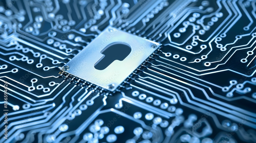 Poster close-up of a digital circuit with a padlock symbol, representing cybersecurity and data protection 