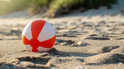 Obraz premium Close-up of a beach red white ball on the sand with the sea in the background