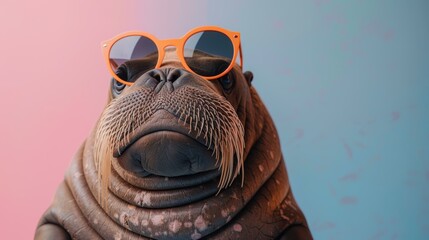 Close-up of walrus wearing orange sunglasses with a colorful background. Quirky and fun animal portrait with a unique vibe.