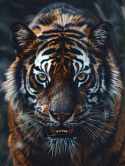 Obraz premium Intense Close up Portrait of a Fierce and Powerful Tiger with Fangs on Display in a Rugged