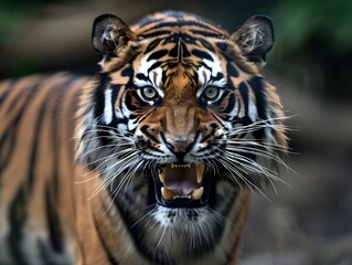 Fototapeta premium Fierce and Powerful Bengal Tiger Baring Fangs in Dramatic Wildlife Portrait