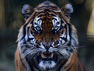 Fototapeta premium Close up Fierce Tiger Portrait Showcasing Its Unbridled Power and Aggression