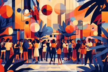 Simplified vector depiction of a Pride festival featuring diverse LGBTQ+ community members enjoying drag performances and queer art exhibitions, using minimalistic design elements and a bright color