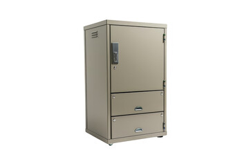 A compact, two-door metal filing cabinet, isolated on white background, ideal for organizing documents and office supplies in a professional setting