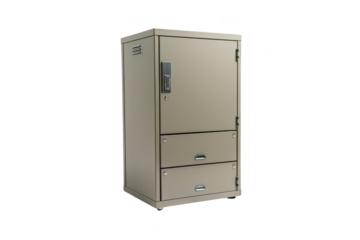 A compact, two-door metal filing cabinet, isolated on white background, ideal for organizing documents and office supplies in a professional setting