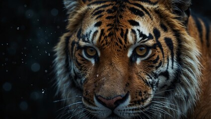 Fototapeta premium Close-up tiger face on black background with water droplets on fur.