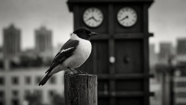 Black and white bird perched atop wooden pole near tall building with clock on its side.