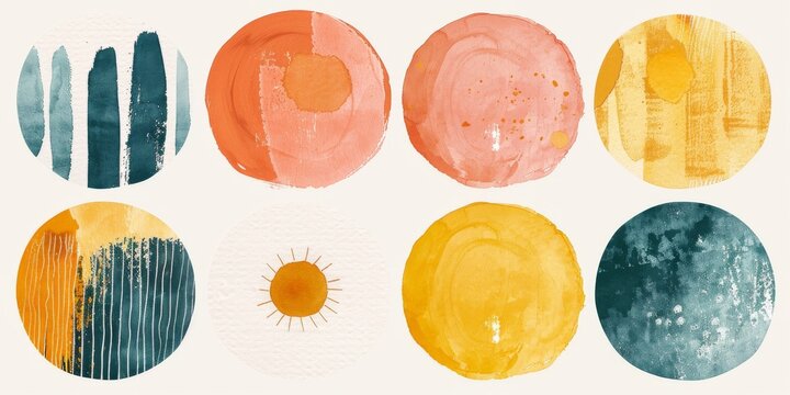 Abstract Shapes in Orange Blush, Yellow, Dusty Pink, and Light Dusty Teal with Bold Strokes, Soft Washes, and Naive Charm Feminine Sticker Art Phoenician Influence and Simple Sun and Flower Doodles