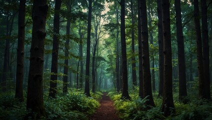 Obraz premium A grove of towering trees, surrounded by a verdant forest teeming with vibrant foliage.