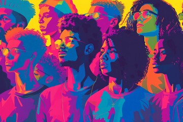 Obraz premium Vector style artwork of a group of non-binary individuals at a Pride march, advocating for visibility and acceptance with minimalistic design elements and a bright color palette