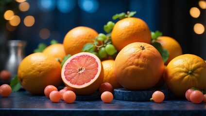 A cluster of grapefruits perched atop a blue countertop alongside a mound of additional grapefruits.