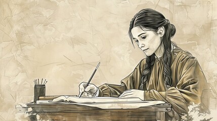 Biblical Illustration of Saint Therese of Lisieux writing her spiritual works, seated at a desk with quill and parchment. Peaceful study, scholarly dedication, divine inspiration. 