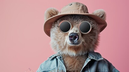 Fototapeta premium Cool bear wearing sunglasses, denim jacket, and hat against a pink background. Stylish and fun animal portrait.