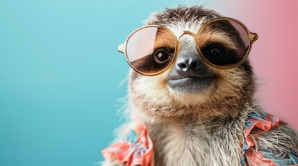 Cool sloth wearing sunglasses and Hawaiian shirt against colorful background, showcasing a relaxed and fun vibe. Perfect for playful themes.