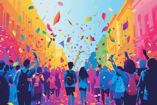 Simplified vector depiction of a Pride parade with diverse LGBTQ+ community members, promoting inclusivity and the celebration of queer culture with bold, simplified shapes and vibrant colors