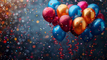 Colorful balloons with swirling confetti, creating a festive atmosphere. Perfect for celebrations and parties. Bright and cheerful scene.