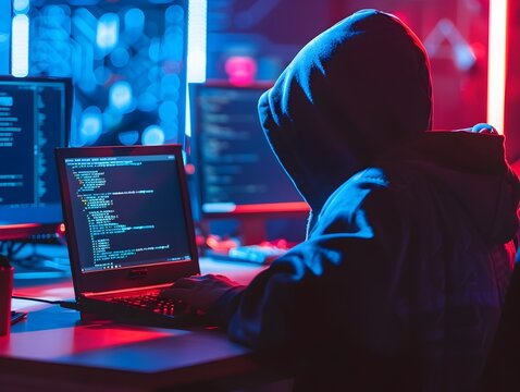 Hooded Hacker Silhouette Working on Laptop Amid Cyber Threats and Digital Crimes