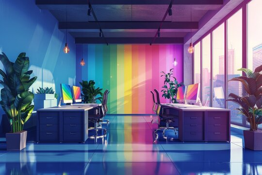 Vector artwork of a corporate office with a dedicated safe space for LGBTQ+ employees, promoting acceptance and inclusivity with clean, minimalistic lines and a vibrant color palette