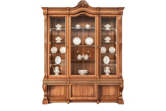 Isolated on white background, a wooden cabinet with glass doors and multiple shelves, showcasing elegant storage for fine china, books, or decorative items