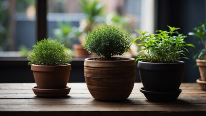 A wooden table with potted plants on it sits next to another potted plant on a wooden table.