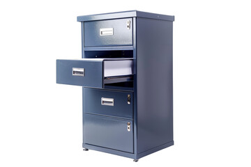 A compact, two-door metal filing cabinet, isolated on white background, ideal for organizing documents and office supplies in a professional setting