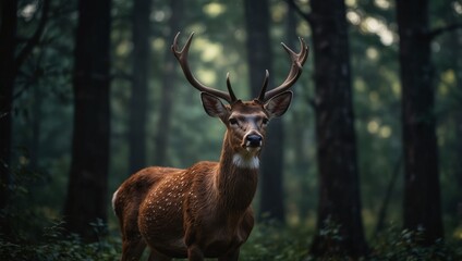 Obraz premium Deer in forest with tall tree background.