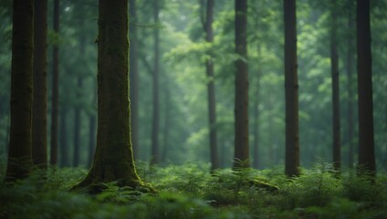 A lush green forest with tall trees standing together.
