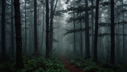 A dense forest with numerous trees, shrouded in layers of fog.
