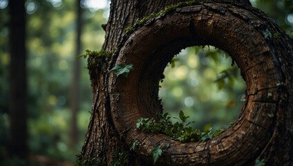 A tree trunk with a hole and surrounding leaves.