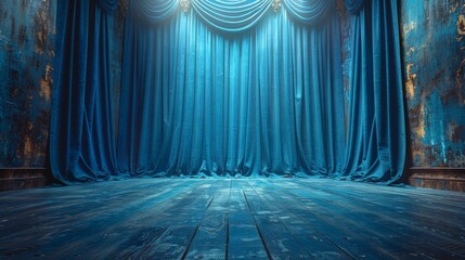 Elegant theater stage with vibrant blue curtains and wooden floor, set under dramatic lighting creating an atmosphere of anticipation and grandeur.