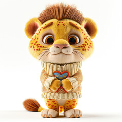 Obraz premium Charming 3D lion cub in a knitted vest with a heart pattern on a white background